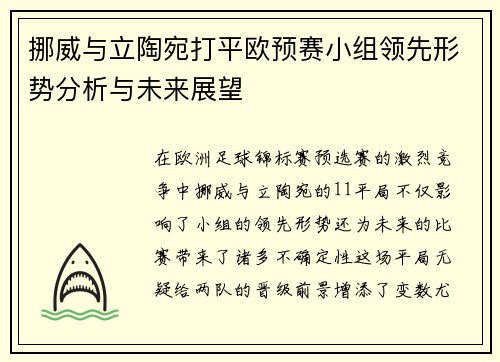 挪威与立陶宛打平欧预赛小组领先形势分析与未来展望