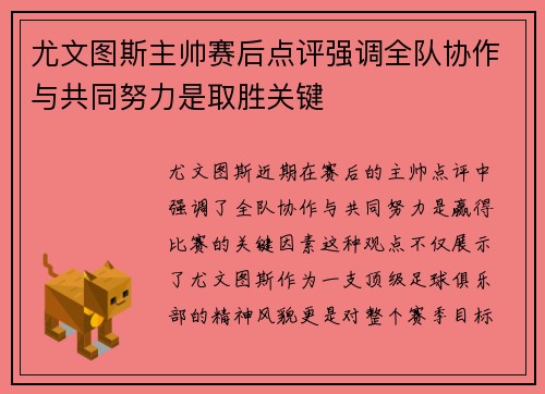 尤文图斯主帅赛后点评强调全队协作与共同努力是取胜关键