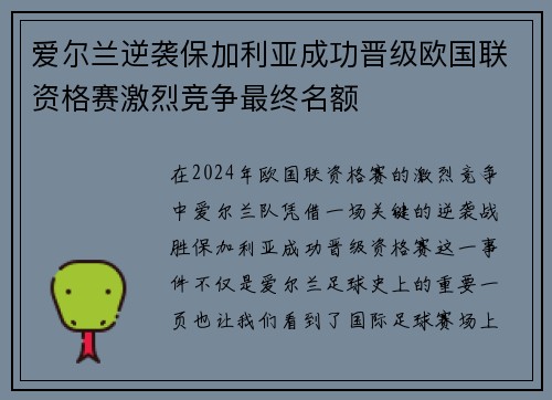 爱尔兰逆袭保加利亚成功晋级欧国联资格赛激烈竞争最终名额