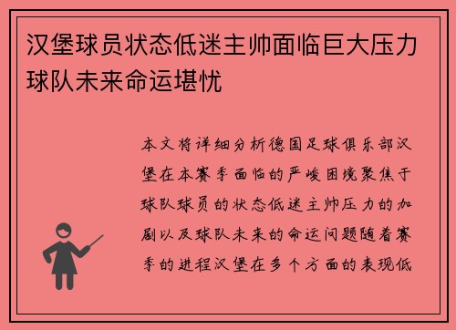 汉堡球员状态低迷主帅面临巨大压力球队未来命运堪忧