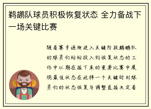 鹈鹕队球员积极恢复状态 全力备战下一场关键比赛