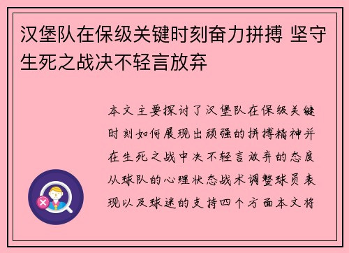 汉堡队在保级关键时刻奋力拼搏 坚守生死之战决不轻言放弃